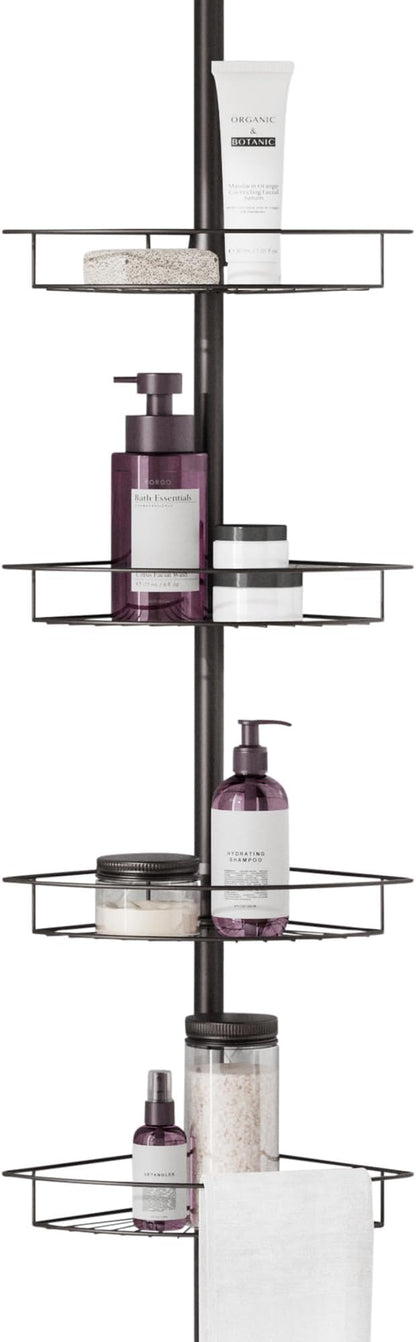 Zenna Home Tension Pole Shower Caddy Corner Organizer, Adjustable Standing Shower Caddy with 4 Baskets and Towel Bar, Rust Resistant Bathroom Tension Rod Organizer, 60 to 97 Inch, Bronze | Adjustable, Built in Towel Bar, Rust-Resistant