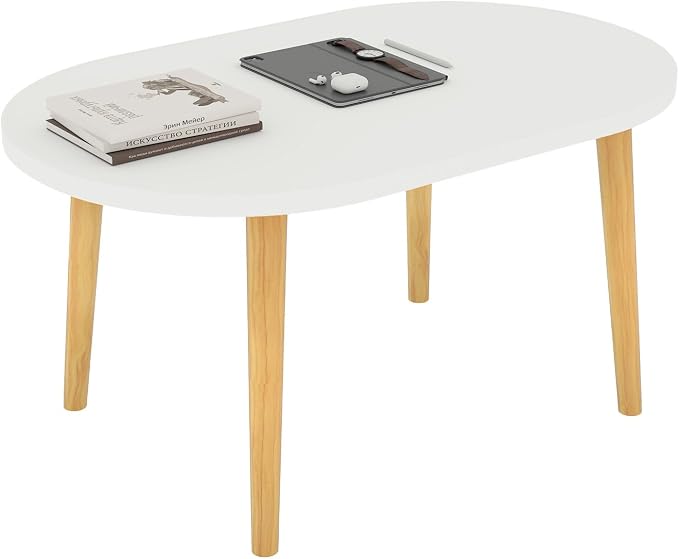 Oval Coffee Table Low Table with 4 Solid Wood Sturdy Legs,Floor Table Desk for Sitting on The Floor,19.7"D x 31.5"W x 16"H Inches,Living Room/Toy room Furniture,Rental house Furniture(White-Oval)