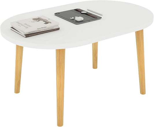 Oval Coffee Table Low Table with 4 Solid Wood Sturdy Legs,Floor Table Desk for Sitting on The Floor,19.7"D x 31.5"W x 16"H Inches,Living Room/Toy room Furniture,Rental house Furniture(White-Oval)