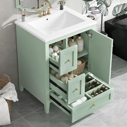 Merax 24 inch Bathroom Vanity with Drawers, Modern White Vanity for Small Bathroom with Adjustable Shelf & Removable Dividers, Easy to Clean Glossy Finish, Green