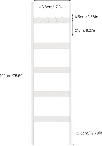 Blanket Ladder, 5-Tier Towel Holder with 4 Removable Hooks, Farmhouse Wall Leaning Decorative Rack Shelf, Wooden Towel Display Rack, Quilt Ladder for Living Room, Bedroom, White