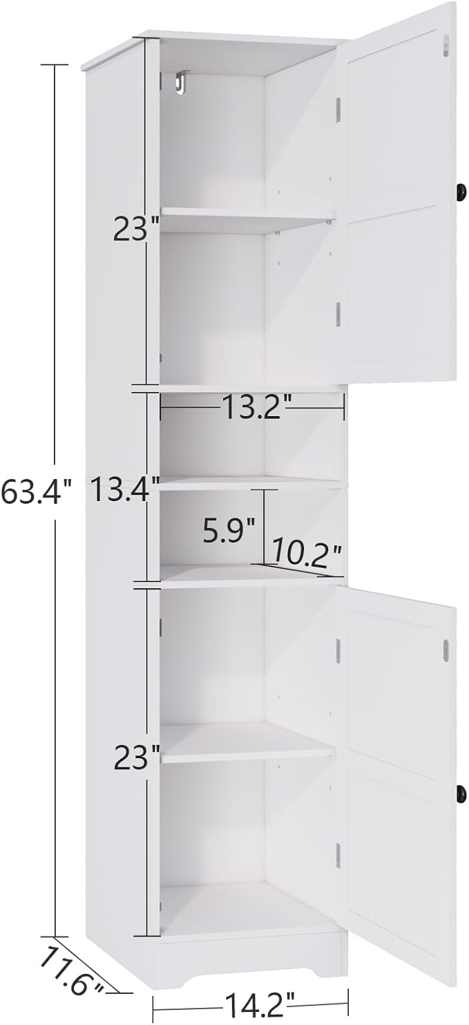 Tall Bathroom Storage Cabinet, Vertical Freestanding Organizer with Adjustable Shelf, Slim Design for Small Bathrooms, Towels & Toiletries Storage（White）