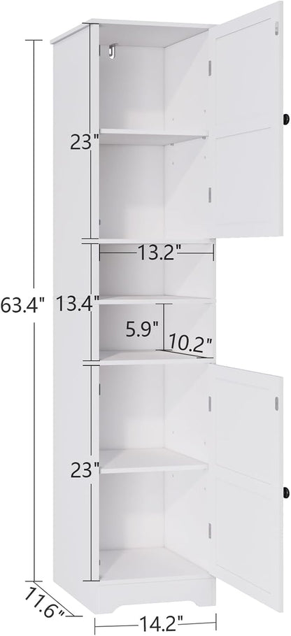Tall Bathroom Storage Cabinet, Vertical Freestanding Organizer with Adjustable Shelf, Slim Design for Small Bathrooms, Towels & Toiletries Storage（White）