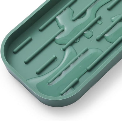 MicoYang Silicone Kitchen Sink Organizer Tray for Multiple Usage,Eco-Friendly Sponges Holder for Kitchen Bathroom Counter or Sink,Dish Soap Dispenser,Scrubber,Bottle,Cup (Green, 12"×4")