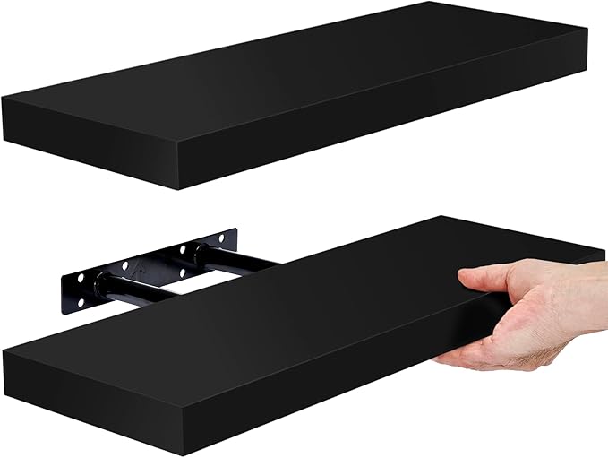 Sorbus Floating Shelves for Wall - Set of 2 Black Wood Wall Shelves for Living Room, Kitchen, Bedroom, Bathroom Storage - 16" Book Shelf for Wall Decor, Home Decor, Farmhouse, Frames & Trophy Display
