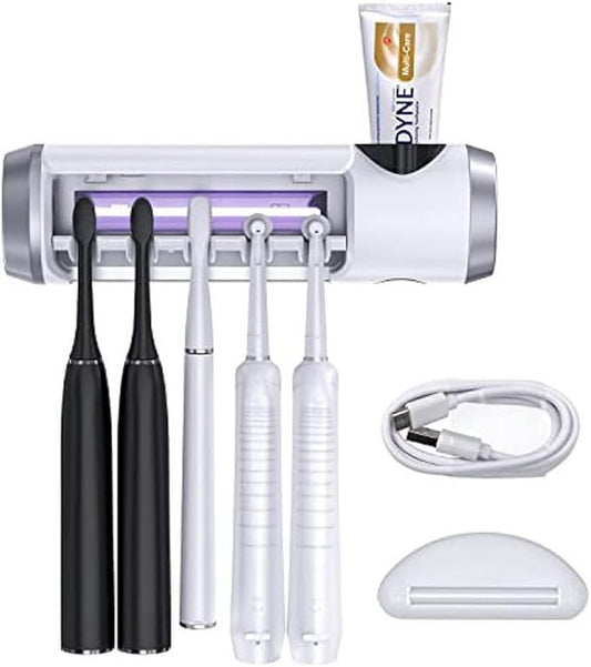 Toothbrush Holder Cleaner with Fan Drying & 6min Timing Function, 5 Toothbrush Slots, Rechargeable Bathroom Wall Mounted Fit Sonic and Manual Toothbrushes