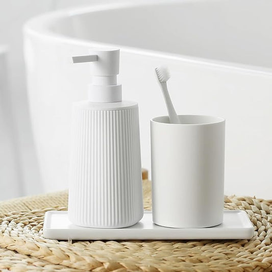 Small Soap Dispenser for Bathroom and Kitchen, Modern Farmhouse Striped Style Plastic Hand Soap Dish Soap Dispenser with Pump Matte White