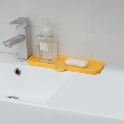 MicoYang Silicone Soap Dish with Drain Spout — Self-Draining Double Sink Organizer Tray for Kitchen & Bathroom, Dispensers, Sponges & Soap Holder, Non-Slip & Dishwasher Safe, Yellow (Large, 12"×4")