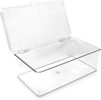 Isaac Jacobs Medium Stackable Organizer Bin (10.75”x6.5”x3.7”) w/ Hinged Lid, Clear Storage Box, Home, Office, School, Fridge, Bathroom, Kitchen, Pantry Container, BPA-Free, Food Safe (Medium, Clear)