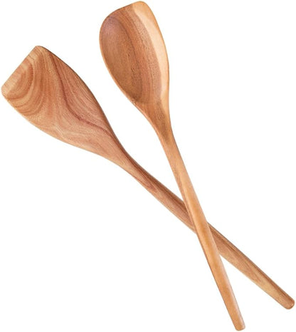 MornHalo 2PCS Acacia Wooden Spoons For Cooking-14 Inch Smooth Finish Cooking Spoons-Comfortable Grip Wood Spoons for Cooking - Non-Stick Cooking Utensils (Corner spoon + Cooking Spatula)