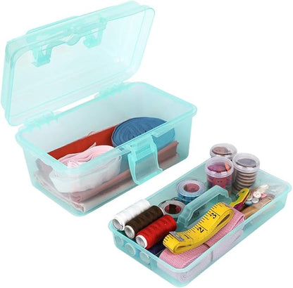 BangQiao Multipurpose Plastic Art and Craft Supply Storage Container Bin Case with Removable Tray and Handle, First Aid Box Organizer, Clear&Green