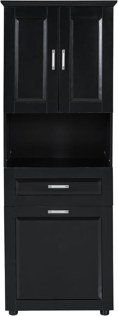 70" Tall Bathroom Storage Cabinet with Two Doors and Drawer, Open Space and Laundry Hampers for Home Display Organizer, Removable Laundry Basket, Adjustable Shelf, Black