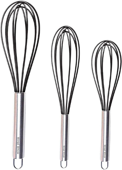 Silicone Whisk Set of 3 - Stainless Steel & Silicone Non-Stick Coating – wisking tool, Whisking, mini whisk, whisks for cooking (12-inch, 10-inch & 8.5-inch), egg whisk