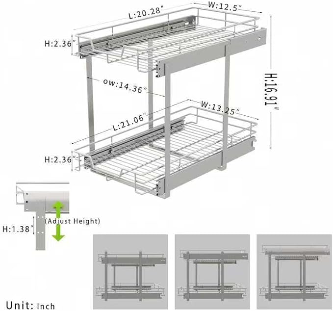 EZKAZA Pull Out Cabinet Organizer 14.5" W x 21" D, 2-Tier Kitchen Cabinet Pullout Shelf and Drawer Organizer Slide Out Pantry Storage Basket, 12.2" W x 21" D x 2.4" H for Bottom Basket Size