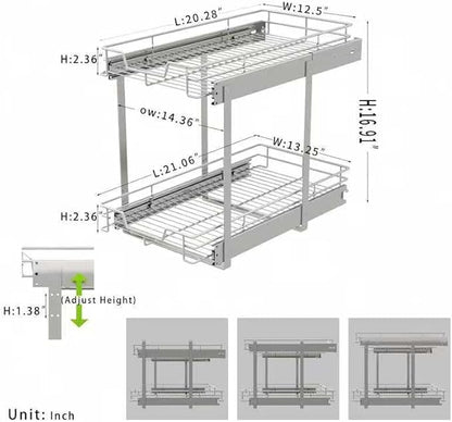 EZKAZA Pull Out Cabinet Organizer 14.5" W x 21" D, 2-Tier Kitchen Cabinet Pullout Shelf and Drawer Organizer Slide Out Pantry Storage Basket, 12.2" W x 21" D x 2.4" H for Bottom Basket Size