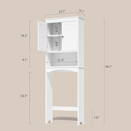 Gizoon Over the Toilet Storage Cabinet with Adjustable Shelf and Double Doors, Bathroom Space Saver Organizer Above Toilet with Open Shelf, Taller Wooden Free Standing Toilet Rack -White