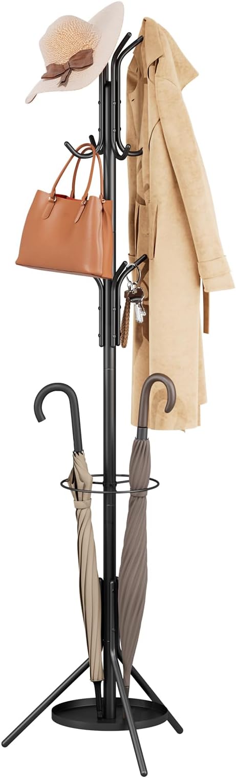 Kitsanery Coat Rack Freestanding,Metal Coat Tree with Umbrella Holder,Hat and Coat Rack Stand for Entryway, Hallway, Living Room, Bedroom (Black)