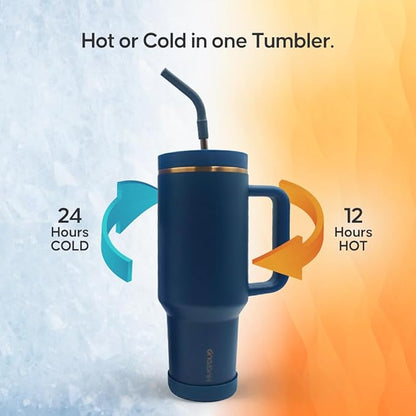 40oz Travel Tumbler Cup with Handle, Two-Way Slider Lid, Stainless Steel Straw with Silicone Tip, Vacuum Insulated Water Bottle for Hot & Cold Drinks, Great Gifts for Mom (Blue Gold)