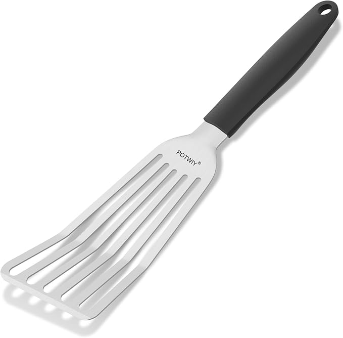 POTWIY Stainless Steel Fish Spatula, Metal Fish Turner with Silicone Handle, Kitchen Slotted Spatula for Cast Iron Skillet Cooking and Grilling, Beveled Edge and Curved Blade, 13.5 Inch