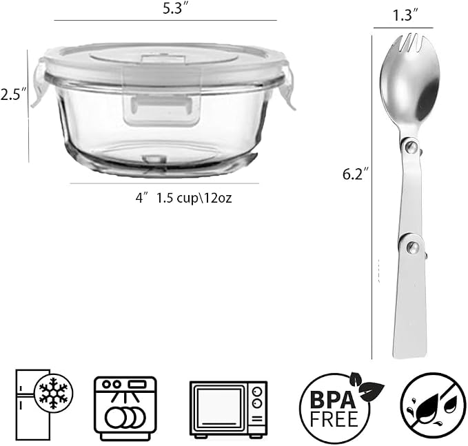 1.5 Cup Round Glass Food Containers with Lids and Folding Spoon, BPA Free Small Round Glass Lunch Containers, 12oz Food Container for Office Meal, Oven, Freezer and Dishwasher Safe (4Pack)
