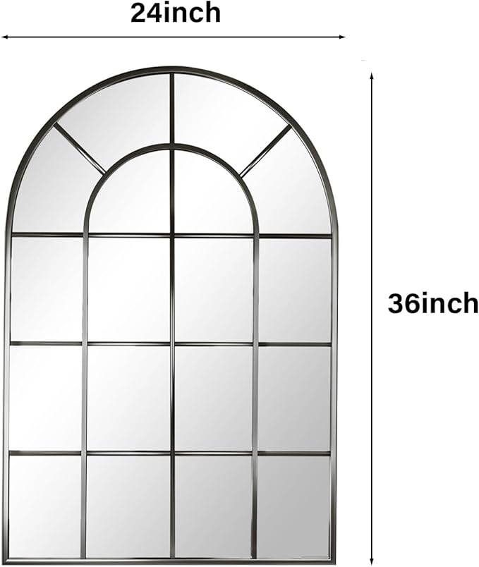 24"×36" Windowpane Arched Wall Mirror, Grid-Designed Decorative Farmehouse Wall Mounted Mirror with Metal Frame Hanging Leaning for Entryway, Living Room, Home Decor, Black