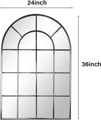 24"×36" Windowpane Arched Wall Mirror, Grid-Designed Decorative Farmehouse Wall Mounted Mirror with Metal Frame Hanging Leaning for Entryway, Living Room, Home Decor, Black