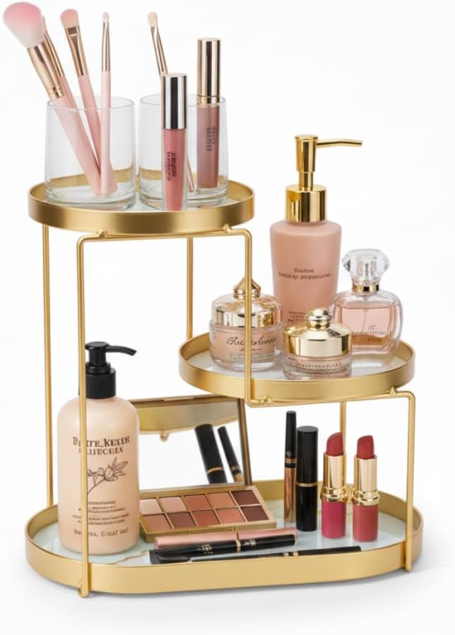 MLVOC Makeup Organizer Countertop, 3 Tiers Skincare Organizer with Gold Finish, Durable Metal Storage for Bathroom or Bedroom Vanity, Tall Spacious Design for Large Bottles