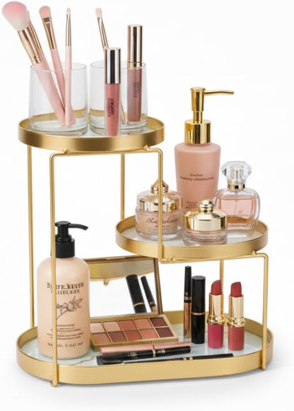 MLVOC Makeup Organizer Countertop, 3 Tiers Skincare Organizer with Gold Finish, Durable Metal Storage for Bathroom or Bedroom Vanity, Tall Spacious Design for Large Bottles