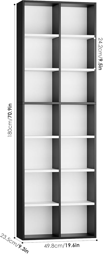 FOTOSOK 2Pcs 71'' Tall Narrow Bookshelf with 14 Cubes, 7 Tier Double Wide Bookshelf with 6 Adjustable Shelves, 19.6" Narrow DVD/CD Media Storage Shelf, Space Saving Display Shelf Cabinet, White/Black