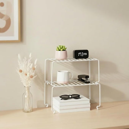 4-Pack Small (10.8x5.3inch) White Stackable Shelf Organizer Rack, Wire Shelf Rack for Kitchen Cabinet, Pantry, Desk Organization and Storage, Rustproof