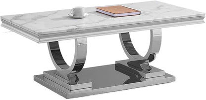 1 Piece Living Room Coffee Table Luxury Faux Marble Center Table, Modern White Silver Coffee Table with Double O Shape Stainless Steel Pedestal Base, 1 Table Only
