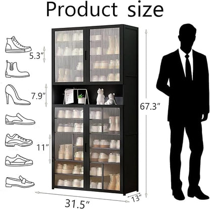 Tall Bamboo Shoe Cabinet with Doors, 11-Tier Shoe Rack for Closet, Freestanding Shoe Storage Cabinet for Hallway Living Room (Black-02)