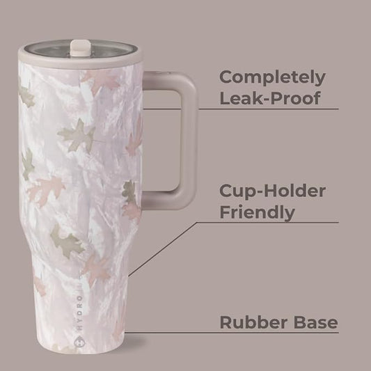 HydroJug Traveler - 40 oz Water Bottle with Handle & Flip Straw - Fits in Cup Holder, Leak Resistant Tumbler-Reusable Insulated Stainless Steel & Rubber Base - Gifts for Women & Men, Camo
