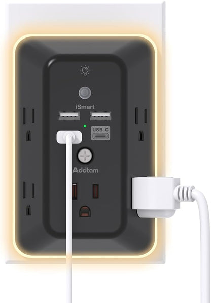 Surge Protector, Outlet Extender with Night Light, Addtam 5-Outlet Splitter and 4 USB Ports(1 USB C), Multi Plug Wall Outlet for Home Office Dorm Room Essentials Black
