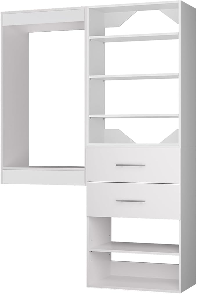 ROOMTEC Modular Closet System, 67" Wall Mounted Closet Organizer with Hanging Rods and Drawers, Wooden Tower for Walk-In Closets, Wardrobe Storage Kit, White