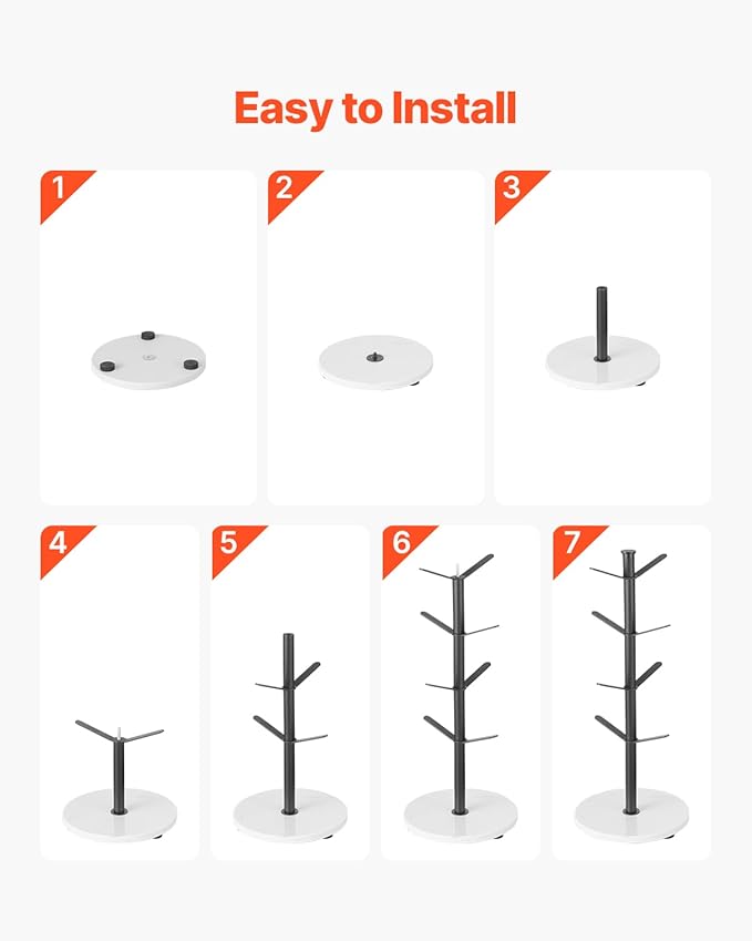VEVOR Mug Holder Tree with Marble Base, 8 Hooks Coffee Cup Holder for Counter, Carbon Steel Mug Tree Cup Rack Stand, Upgraded Coffee Cup Tree for Coffee Bar Kitchen Home Organizer