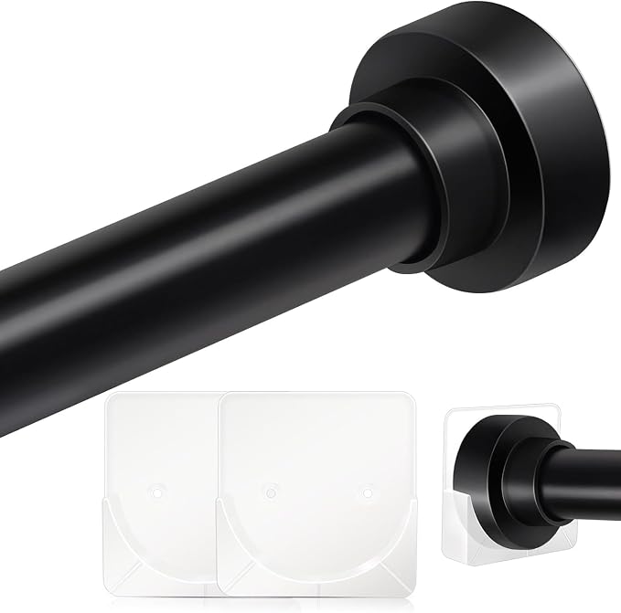 Tension Curtain Rod 34-120In(3-10Ft) with 2 Rod Holders, No Drilling Never Rust Long Shower Curtain Rod, Adjustable Spring Curtain Rod for Large Window or Outdoor Patio, Stainless steel, Matte Black