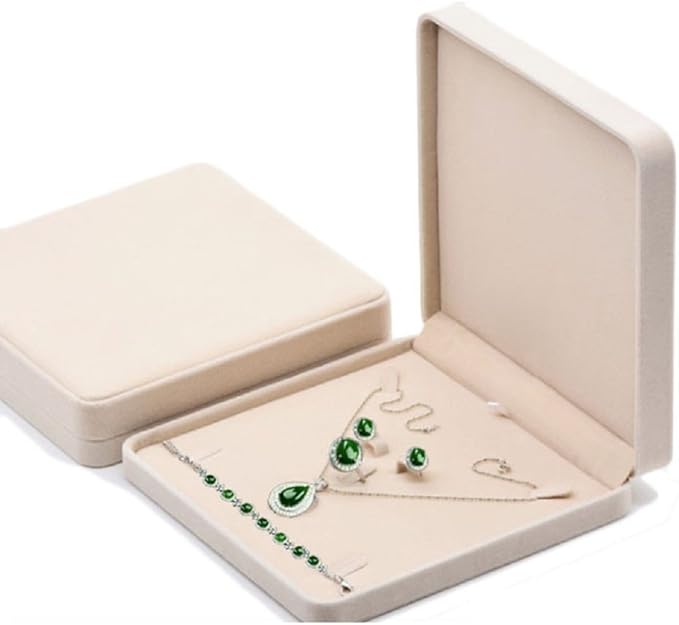 Jewelry Set Velvet Box Necklace Earring Ring Necklace Bracelet Gift Display Case Wedding Jewelry Storage Holder (Beige)