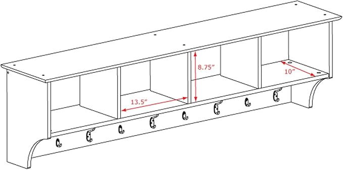 Prepac 60" Contemporary Wall Mounted Coat Rack, Coat Hooks Wall Mount with 4 Shelves, Ideal for Hallway or Entryway Hanging Solution, 11.5"D x 60"W x 16.5"H, White