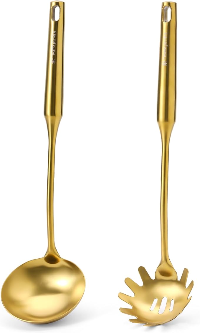 Gold Soup Ladle and Spaghetti Spoon Set - 18/10 Stainless Steel Soup Spoon，Pasta Strainer, 13.8" Kitchen Utensils for Cooking，Stirring, Serving Pasta, Soup & Sauce, Christmas Gifts