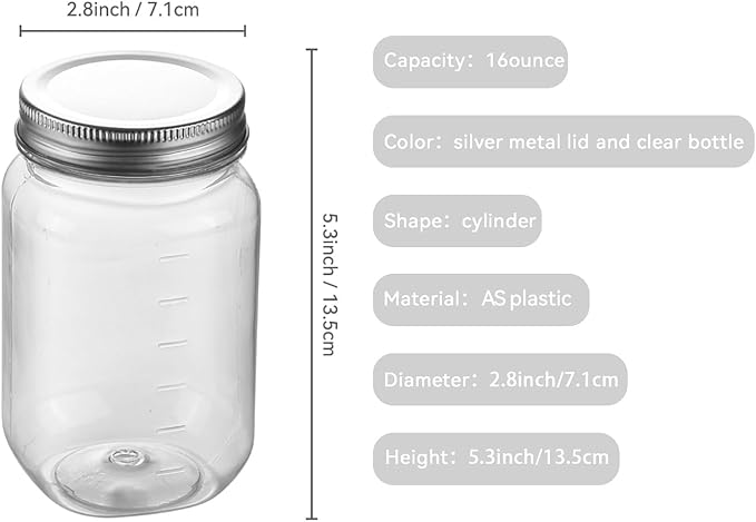 novelinks 16 oz Clear Plastic Jars with Lids, Refillable 16oz Mason Jars with Lids & Storage Containers for Kitchen & Household Use (10 Pack,Silver)