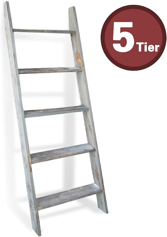 Honest Blanket Ladders for The Living Room, 5-Tier Blanket Holder, Wall-Leaning Blanket Rack, Ladder Shelves, Wooden Quilt Ladder, Farmhouse Decor, Grey