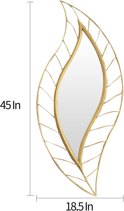 ironsmithn Leaf Teardrop Mirror, Gold Decorative Wall Mirror with Metal Frame, 45" x 18.5" Wall Mounted Mirrors for Bathroom Vanity Living Room Bedroom Fireplace