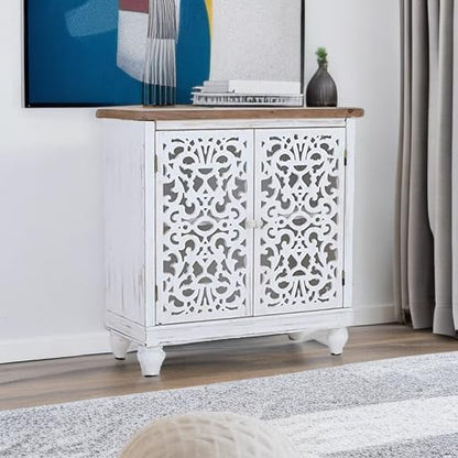 Sophia & William Accent Cabinet with Doors, Distressed Display Storage Cabinet with Wooden Frame and Hollow-Carved Floral Pattern for Entryway Living Room, White