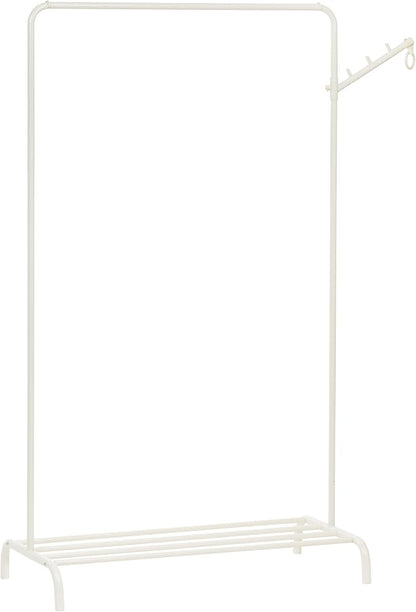IRIS USA Clothes Rack with 2 Wood Shelves, Freestanding Clothing Racks for Hanging Clothes, Easy to Assemble, Standing Metal Sturdy Garment and Accessories Rack, Plant Stand, White