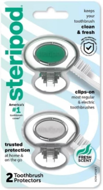 Steripod Clip-on Toothbrush Protector, Green/Silver, 2 Count (Pack of 12)
