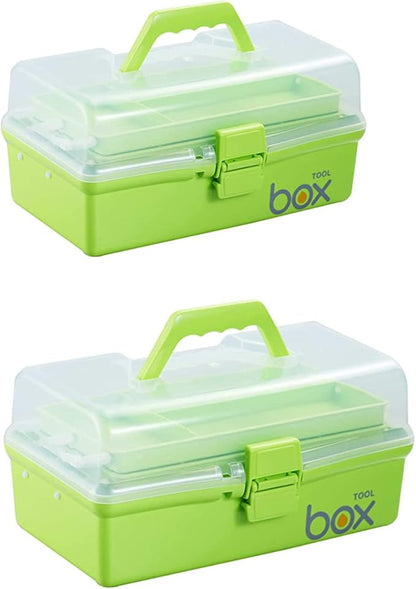 Kinsorcai 2PCS 12'' Three-Layer Clear Plastic Storage Box/Tool Box, Multipurpose Organizer and Portable Handled Storage Case for Art Craft and Cosmetic (Green)