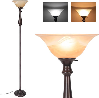 HonoDing Torchiere Floor Lamp for Living Room, Standing Lamp with Glass Shade, Iron Brushed Nickel Floor Lamps, Corner Lamps for Bedroom, Office, Reading (Dark Brown)
