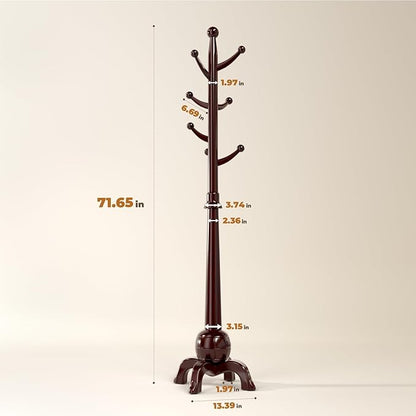 Wood Coat Rack Freestanding, Solid Wooden Hall Tree with 8 Hooks, Coat Tree Freestanding Heavy Duty with Stable Base, Entryway Hallway Bedroom Office Use, 240lbs Load Capacity H:71.6in (Black-Red)