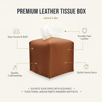 Tissue Box Cover Holder, Square with Bottom Belt by Carrot's Den - PU Leather Decorative Organizer for Tabletop, Bathroom, Car, Office | Camel